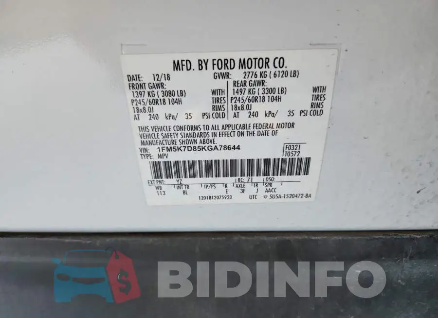 1FM5K7D85KGA78644 Photo# 13