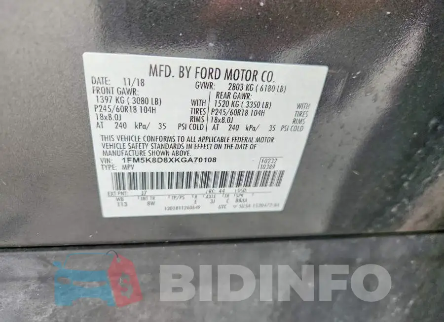 1FM5K8D8XKGA70108 Photo# 13