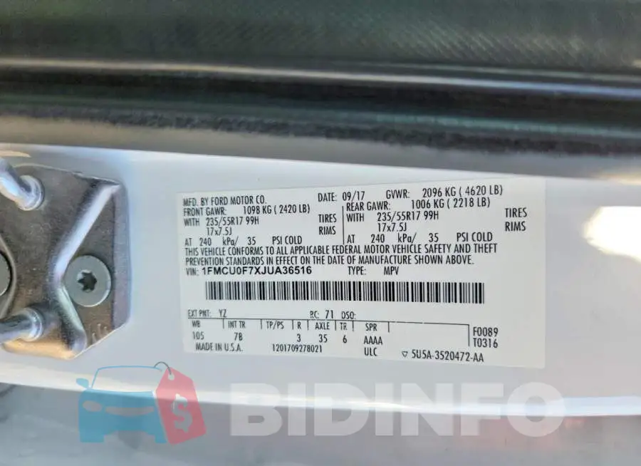 1FMCU0F7XJUA36516 Photo# 13