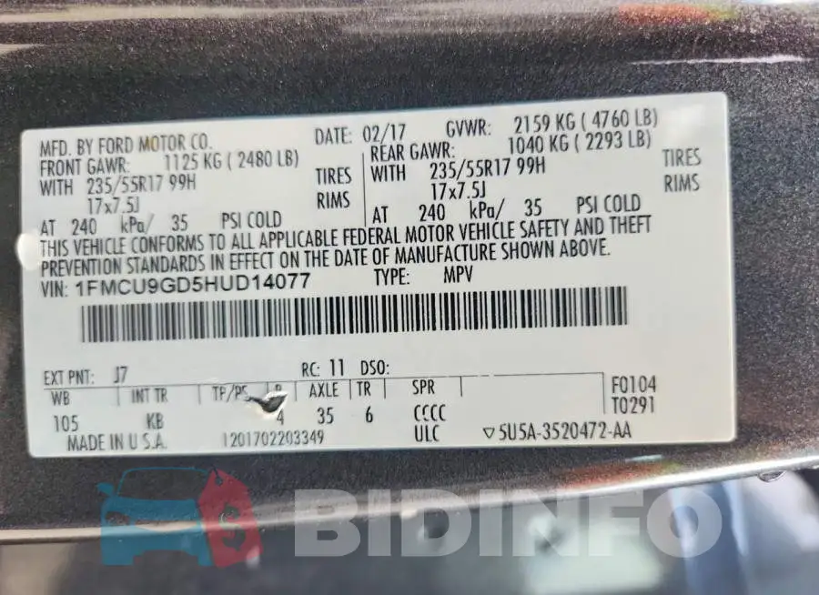1FMCU9GD5HUD14077 Photo# 12