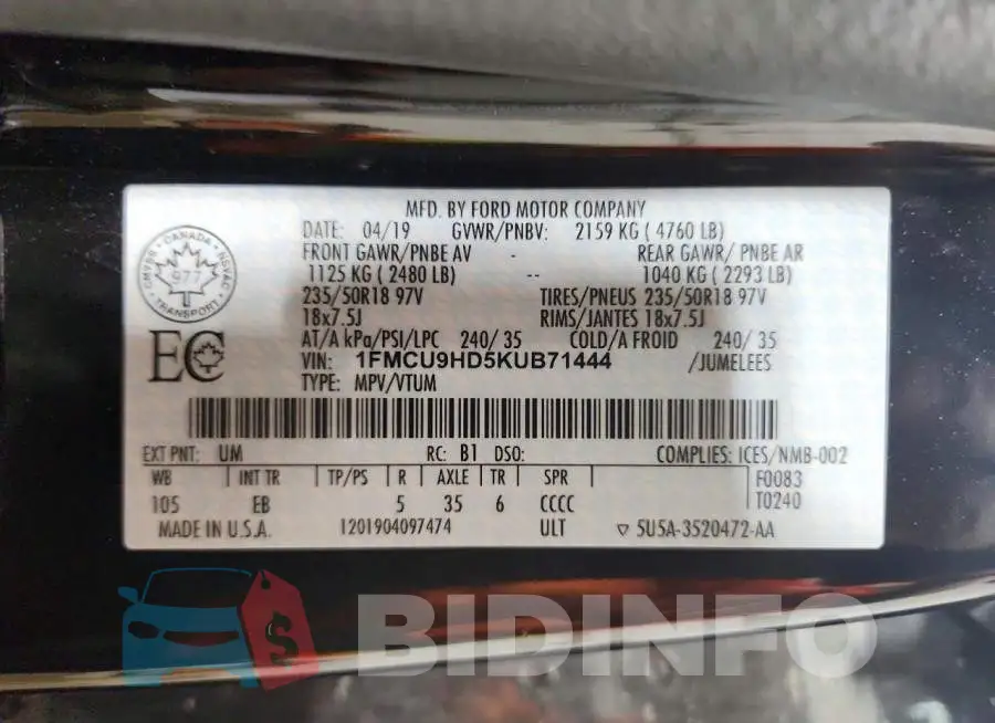 1FMCU9HD5KUB71444 Photo# 13