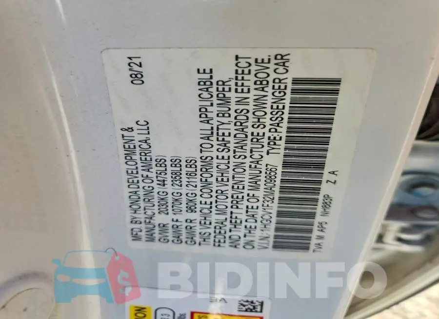 1HGCV1F32MA098567 Photo# 13