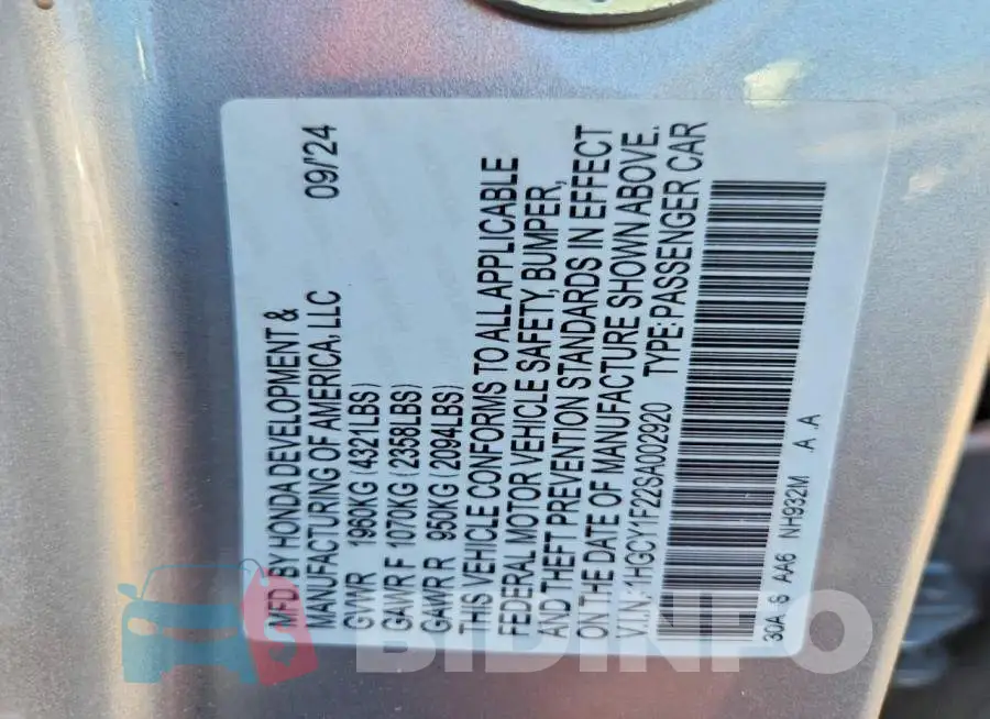 1HGCY1F22SA002920 Photo# 12