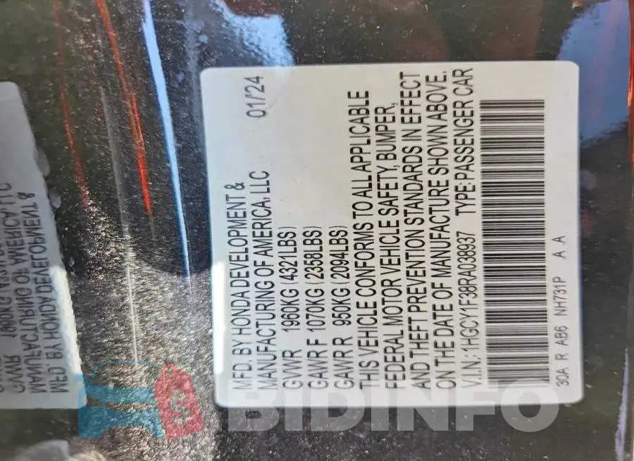 1HGCY1F38RA038937 Photo# 12