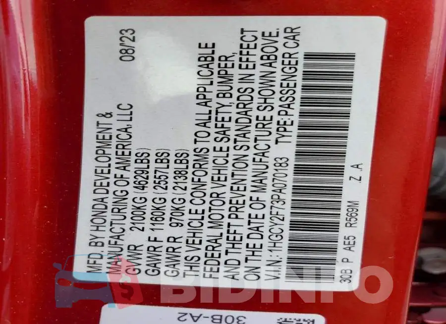 1HGCY2F73PA070183 Photo# 13