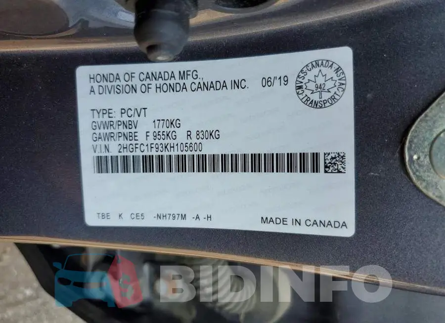 2HGFC1F93KH105600 Photo# 13