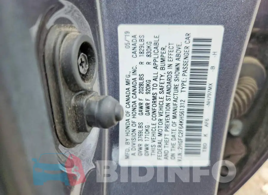 2HGFC2F64KH561312 Photo# 12