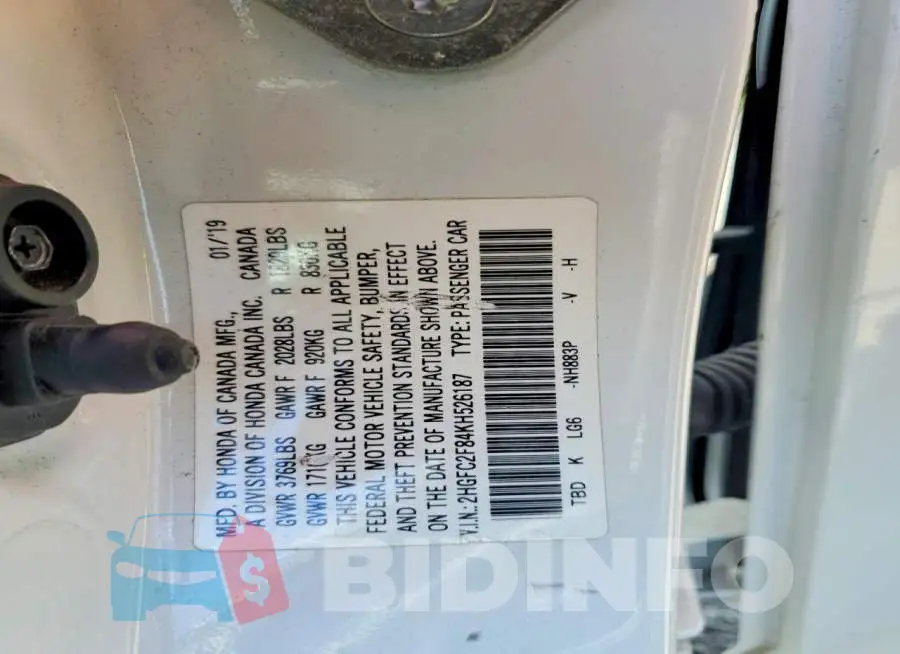 2HGFC2F84KH526187 Photo# 13