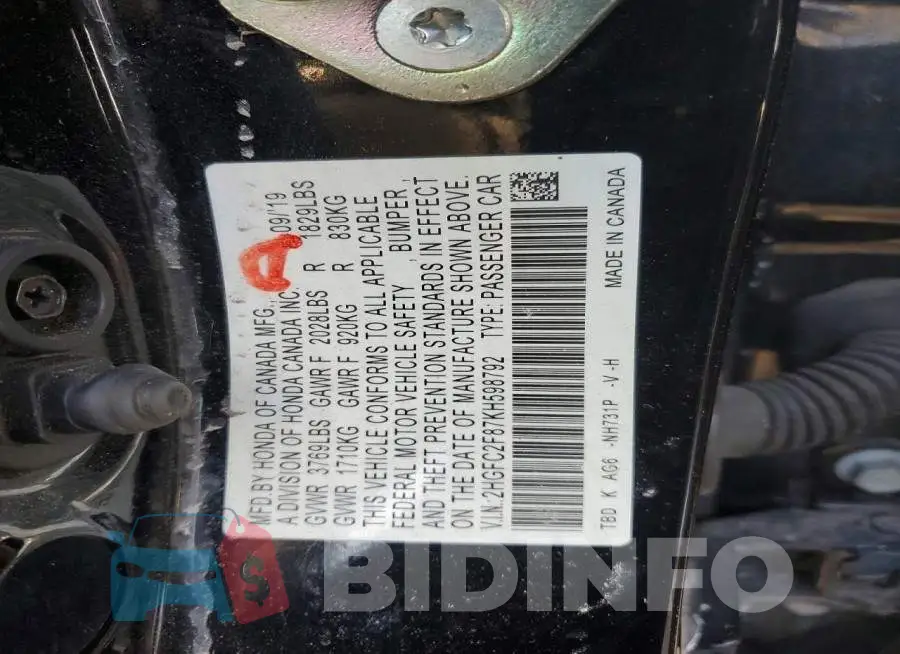 2HGFC2F87KH598792 Photo# 12