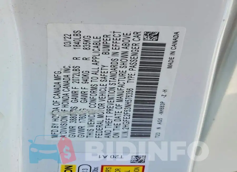 2HGFE2F53NH576356 Photo# 13
