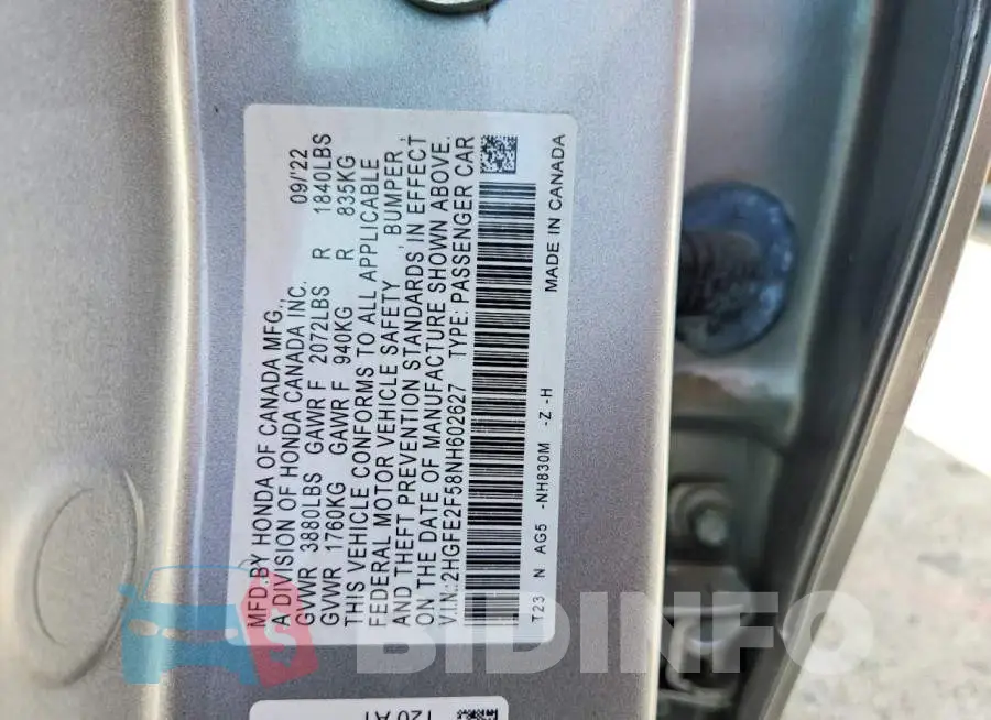 2HGFE2F58NH602627 Photo# 12