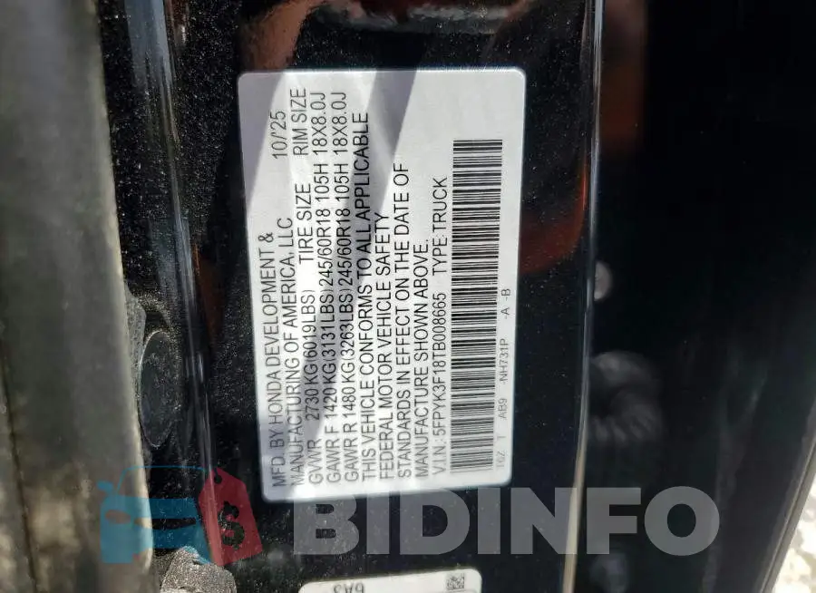 5FPYK3F18TB008665 Photo# 13