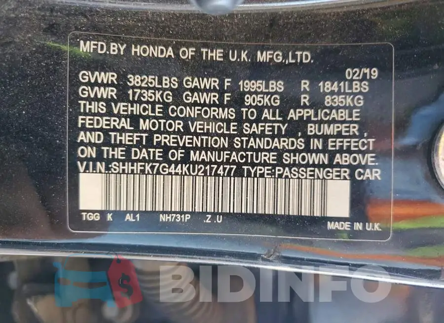 SHHFK7G44KU217477 Photo# 12