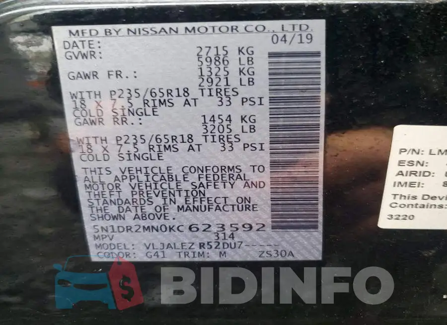 5N1DR2MN0KC623592 Photo# 13