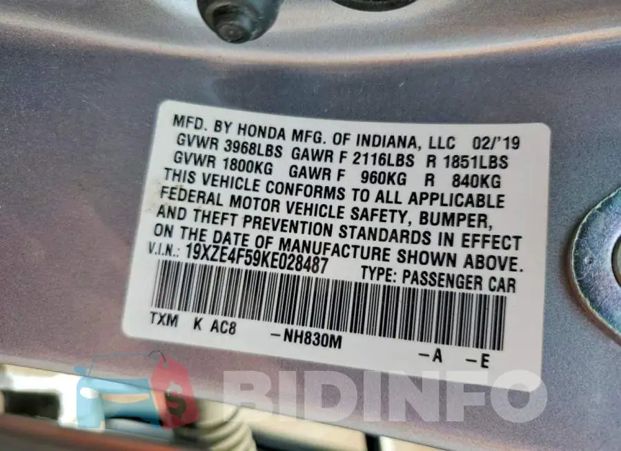 19XZE4F59KE028487 Photo# 12