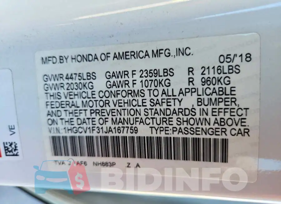 1HGCV1F31JA167759 Photo# 13