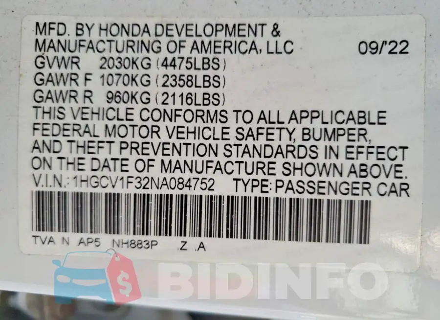 1HGCV1F32NA084752 Photo# 12