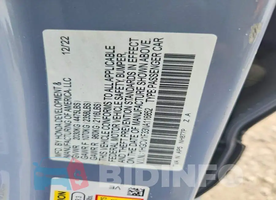 1HGCV1F33NA116852 Photo# 12