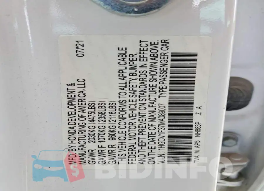 1HGCV1F37MA089007 Photo# 12