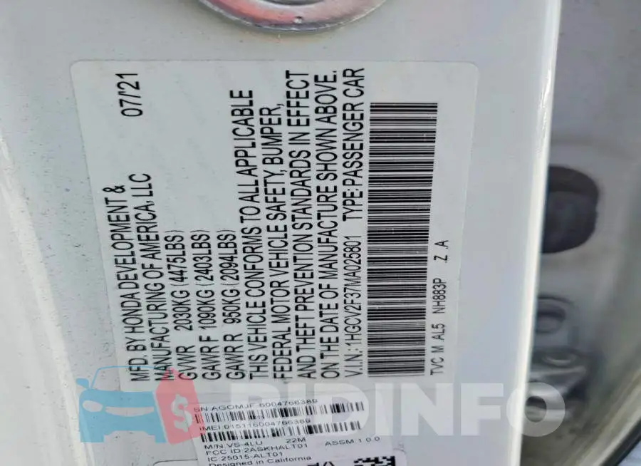 1HGCV2F37MA025801 Photo# 12