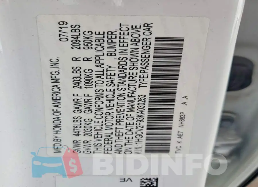 1HGCV2F93KA030253 Photo# 12