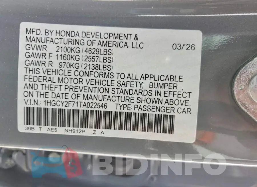 1HGCY2F71TA022546 Photo# 13