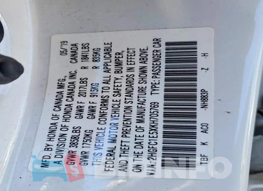 2HGFC1E5XKH705769 Photo# 12