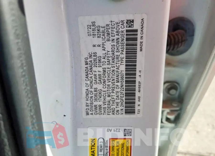2HGFE2F22NH596071 Photo# 12