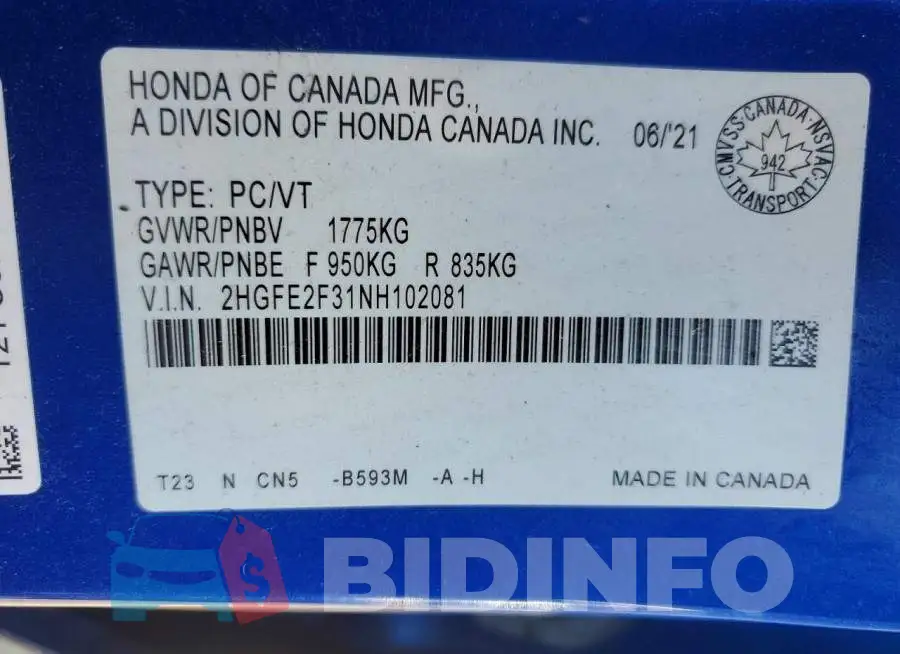 2HGFE2F31NH102081 Photo# 12