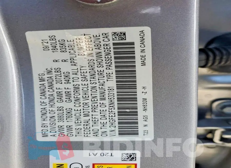 2HGFE2F5XNH533181 Photo# 13
