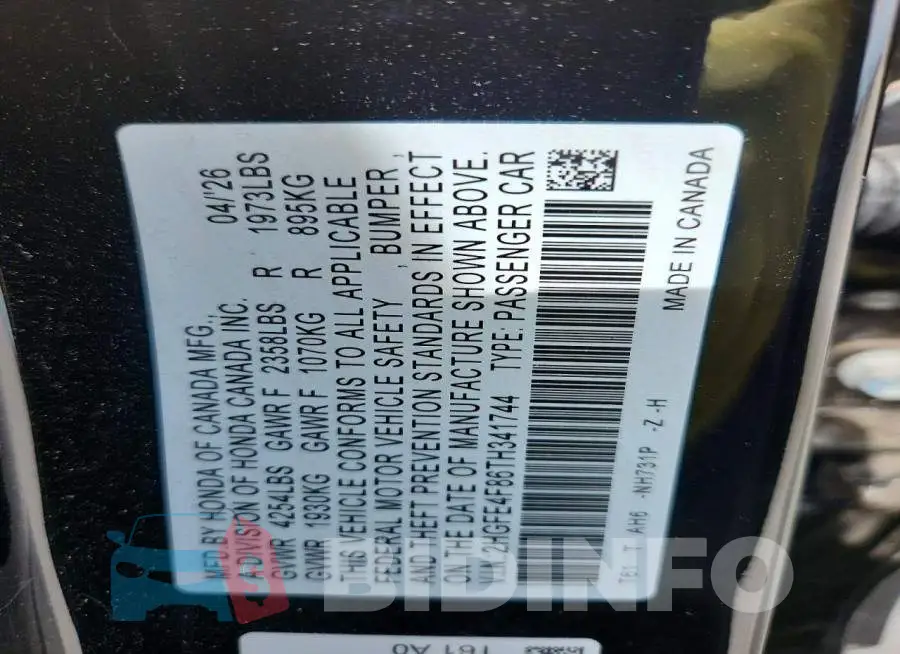 2HGFE4F86TH341744 Photo# 12