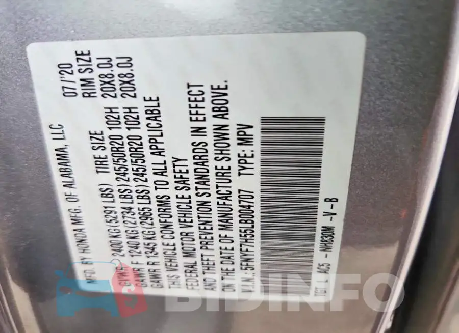 5FNYF7H55LB004707 Photo# 13