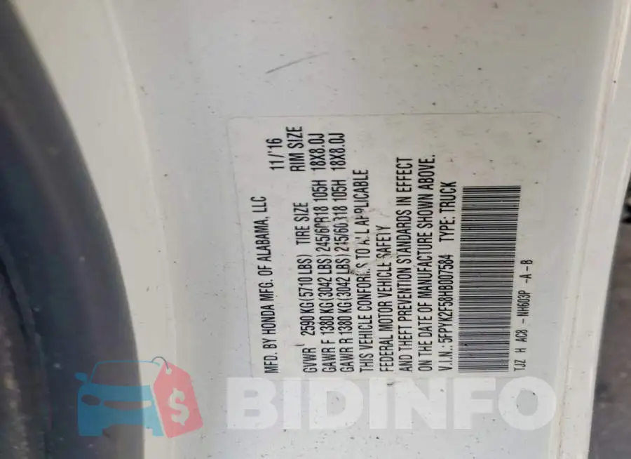 5FPYK2F58HB007584 Photo# 12