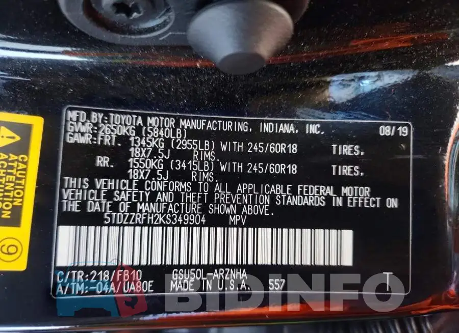 5TDZZRFH2KS349904 Photo# 14