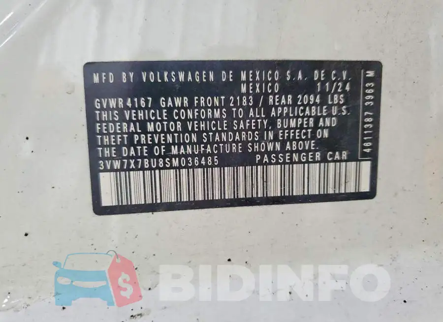 3VW7X7BU8SM036485 Photo# 13