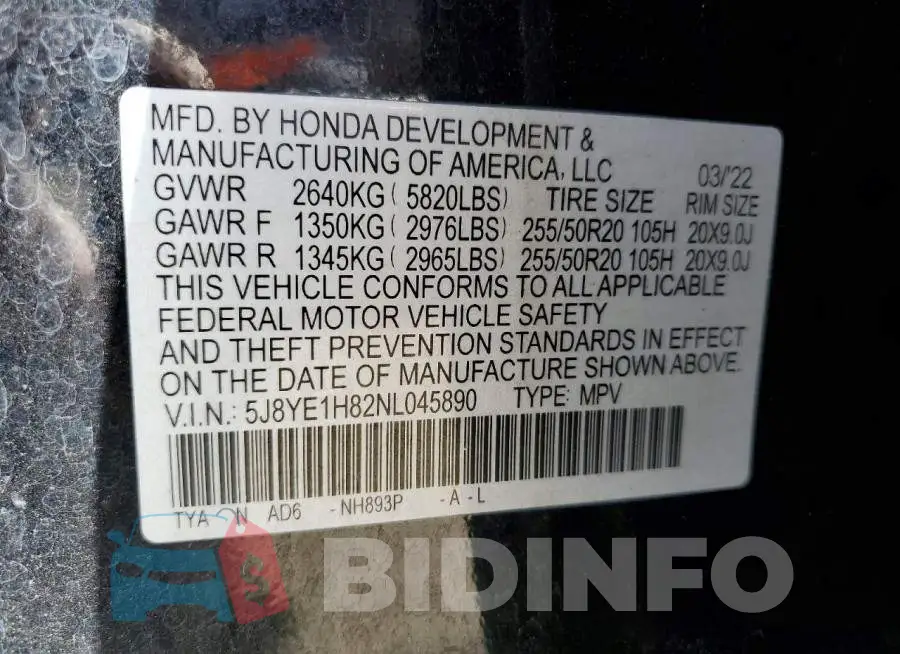5J8YE1H82NL045890 Photo# 13