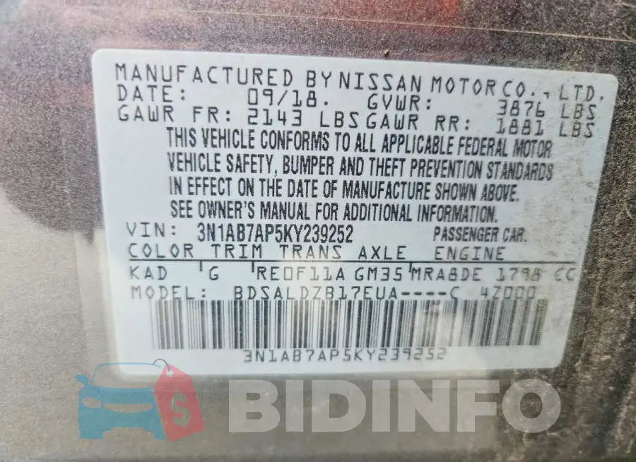3N1AB7AP5KY239252 Photo# 12