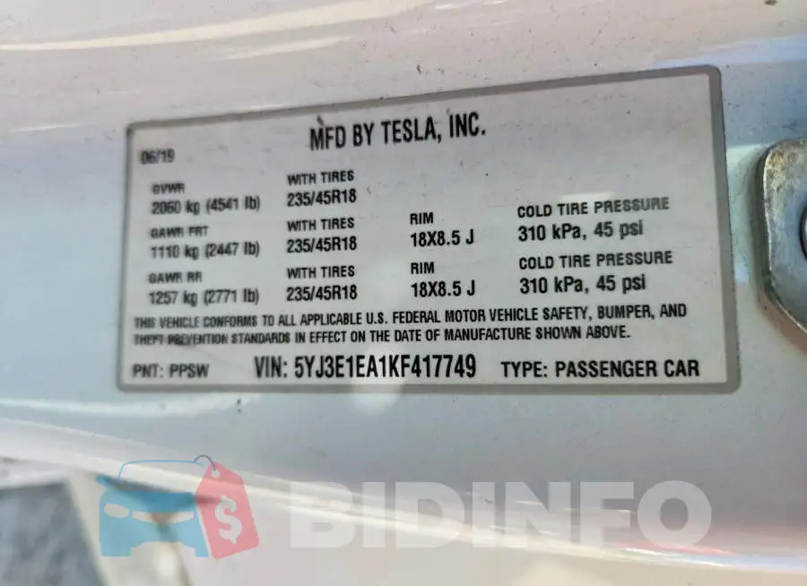 5YJ3E1EA1KF417749 Photo# 12