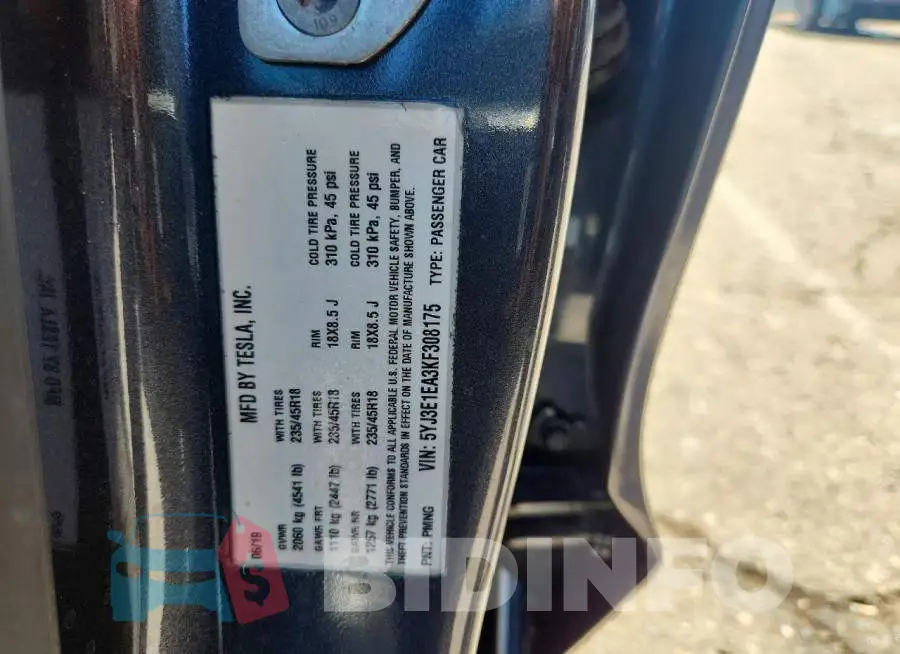 5YJ3E1EA3KF308175 Photo# 12