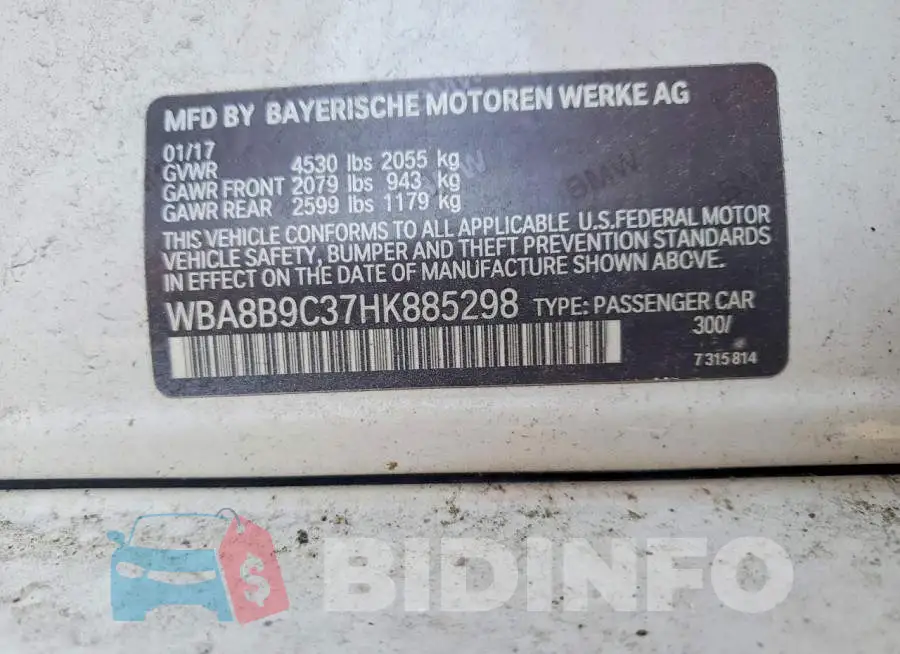 WBA8B9C37HK885298 Photo# 13