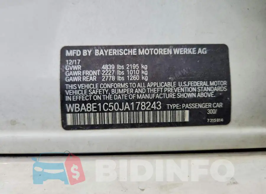 WBA8E1C50JA178243 Photo# 12