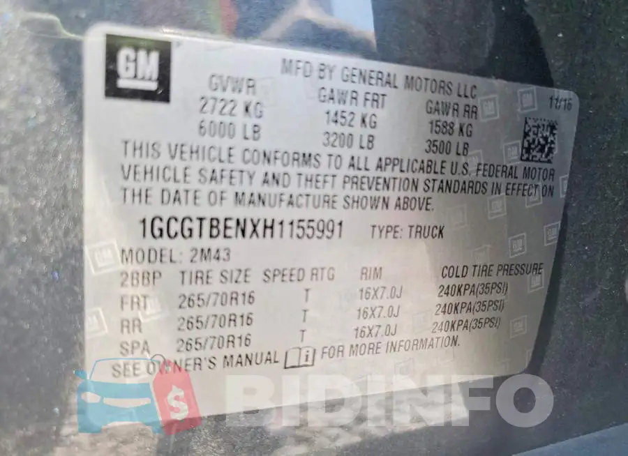 1GCGTBENXH1155991 Photo# 13