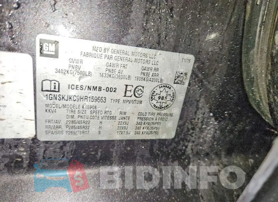 1GNSKJKC9HR159663 Photo# 13