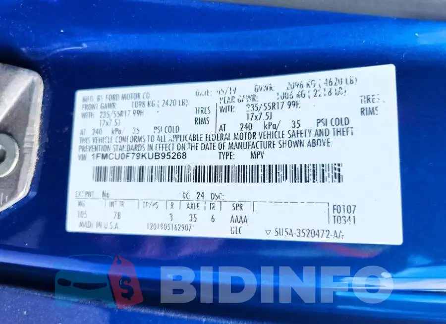 1FMCU0F79KUB95268 Photo# 13