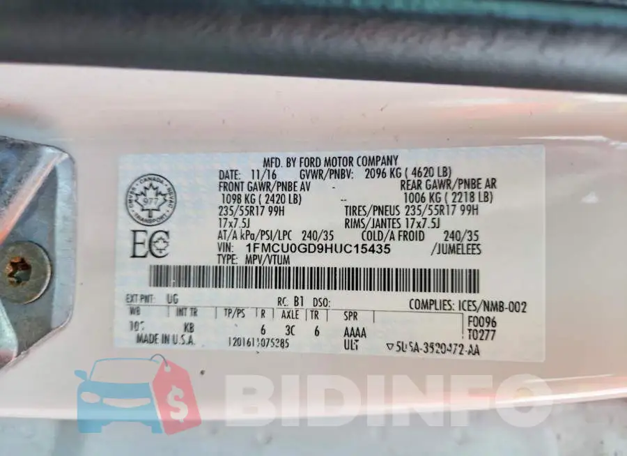 1FMCU0GD9HUC15435 Photo# 13