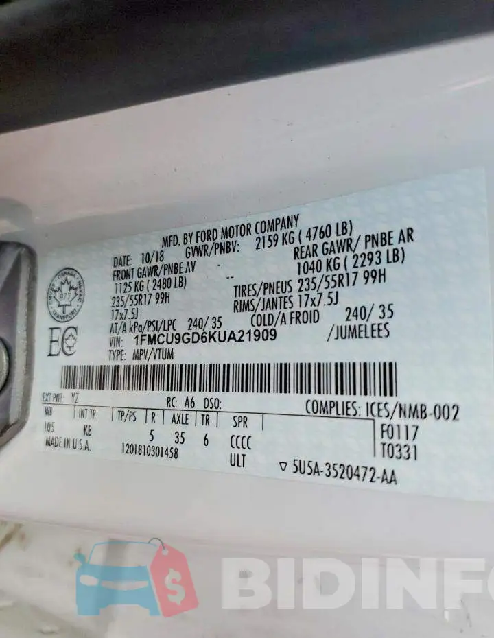 1FMCU9GD6KUA21909 Photo# 13