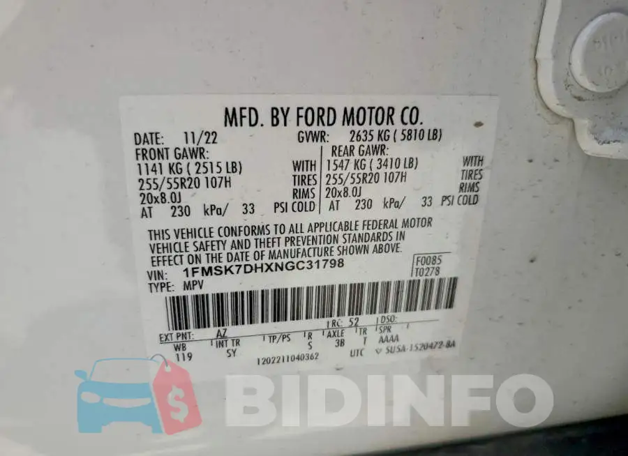 1FMSK7DHXNGC31798 Photo# 12