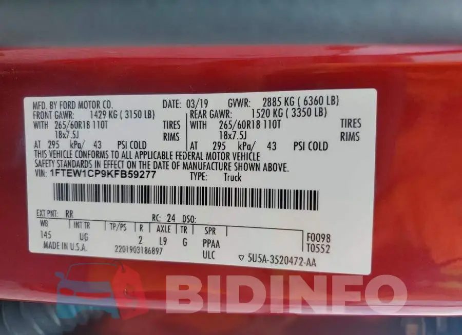 1FTEW1CP9KFB59277 Photo# 12