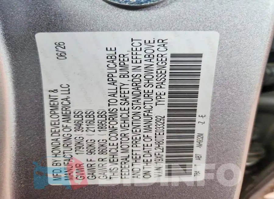 19XFL2H80TE033292 Photo# 13