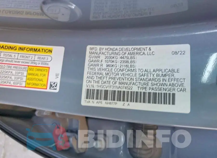 1HGCV1F31NA074522 Photo# 12